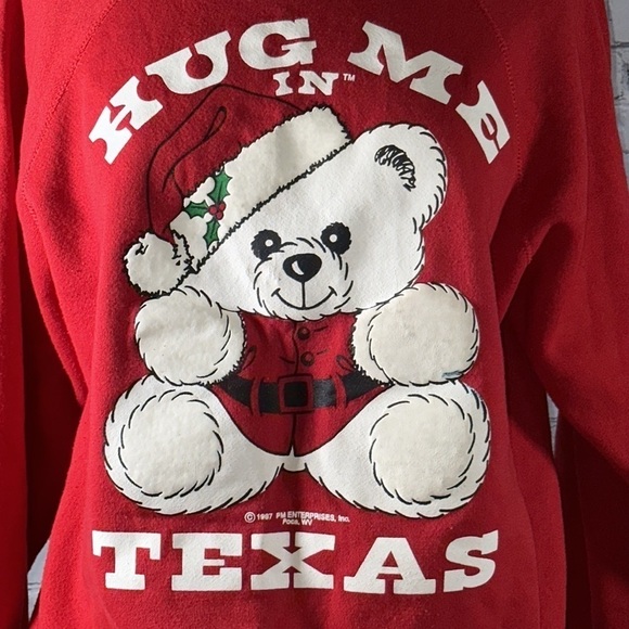 Red Hug Me In Texas 80s Christmas Teddy Bear Vintage Sweatshirt 1987 size XL - Picture 4 of 16